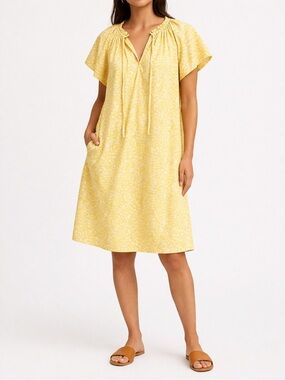 NWT Gap Yellow Print Flutter Sleeve Dress M Tall Cotton Ruffle Tie Neck Shift
